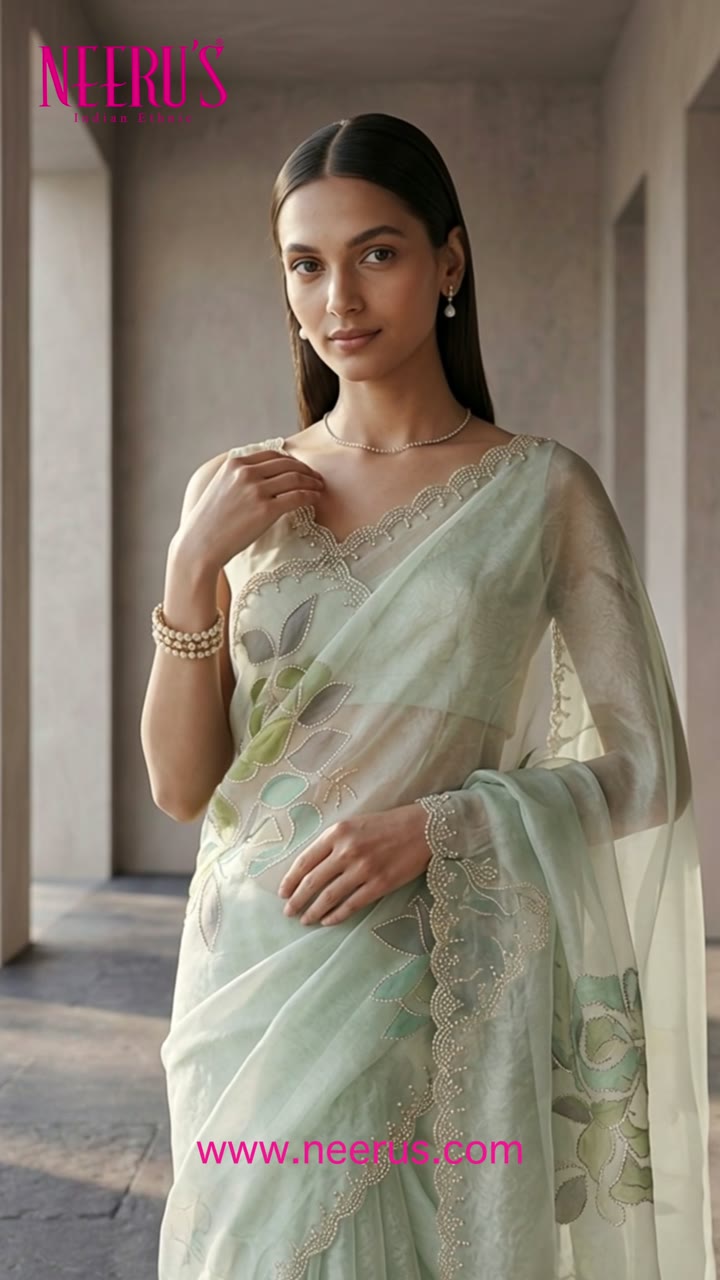 BLUSH DRAPES- Pista Green Organza Saree